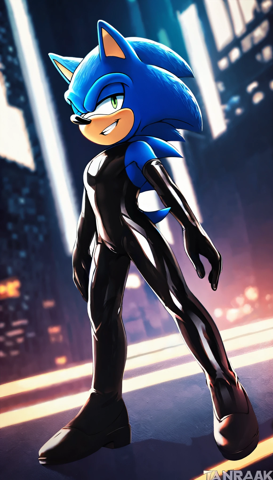 full body image, (((by tanraak))), solo, 1boy, cinematic, (((movie style Sonic the Hedgehog))), ((blue fur)), (Gotham City), wearing a bodysuit, The bodysuit has (((Pearlescent black latex coloring))), creating a futuristic look. has a seductive smirk on his face