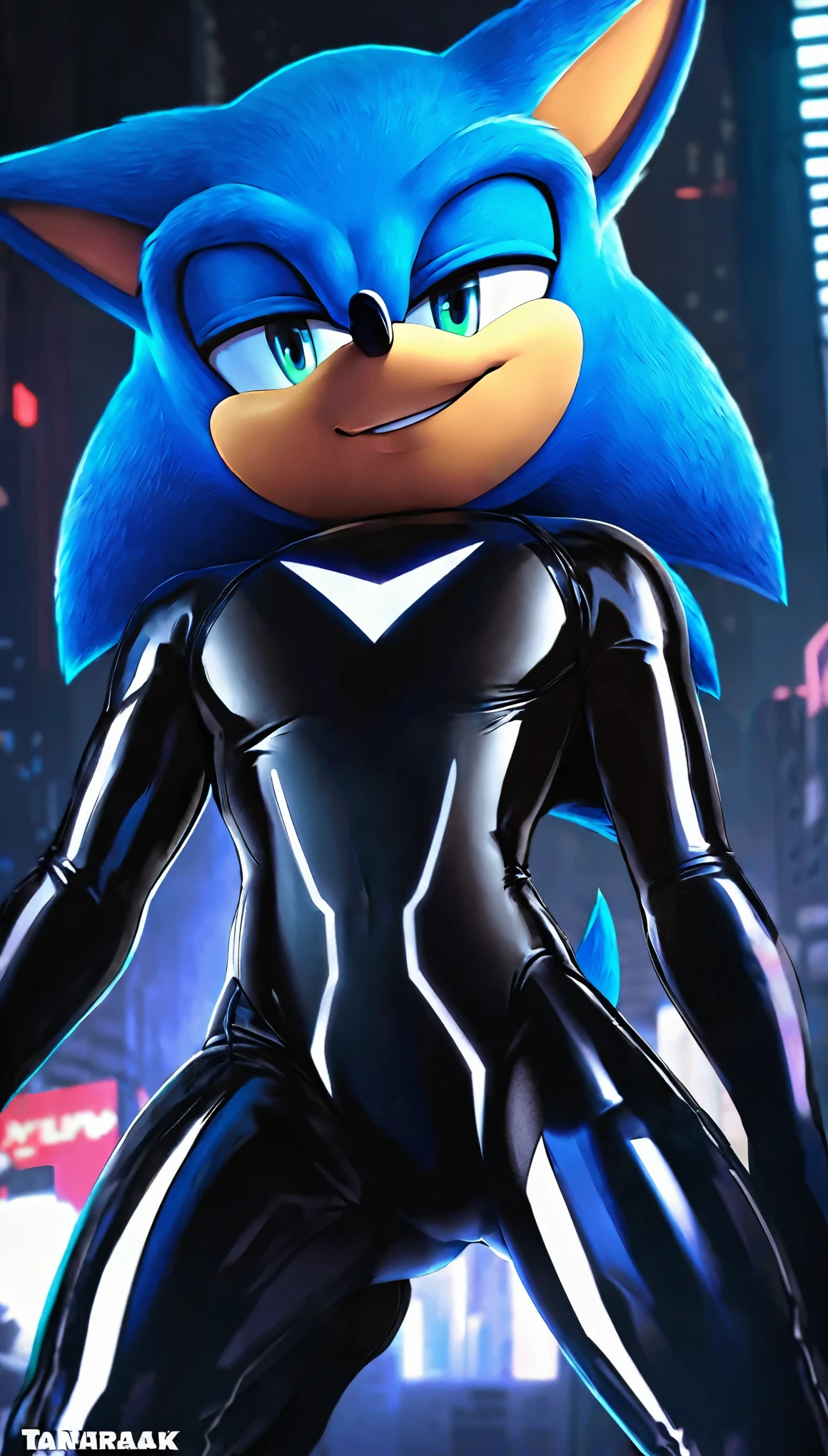 full body image, (((by tanraak))), solo, 1boy, cinematic, (((movie style Sonic the Hedgehog))), ((blue fur)), (Gotham City), wearing a bodysuit, The bodysuit has (((Pearlescent black latex coloring))), creating a futuristic look. has a seductive smirk on his face
