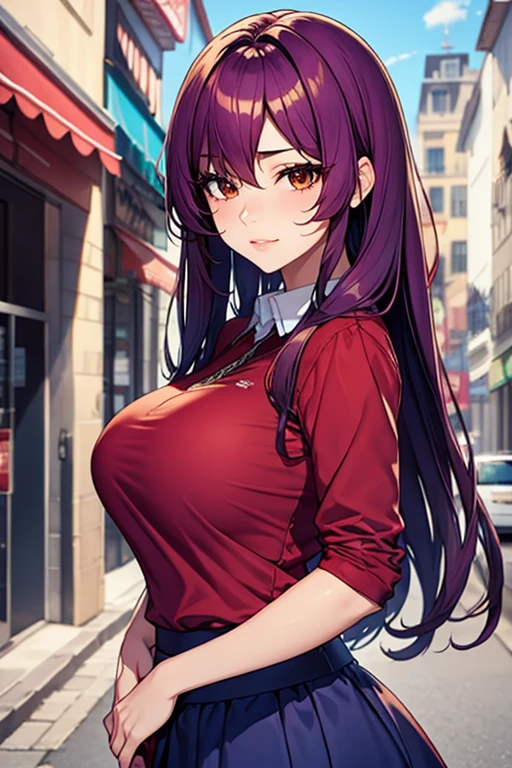 ((In the style of a hentai)), (Masterpiece, Best quality), (( intricate Face, bright eyes )), BREAK, brown eyes, purple hair, long hair, wavy hair, hair over one eye, BREAK, red shirt, blue skirt, big breasts, big smile, BREAK, cityscape background, (( tsundere face ))