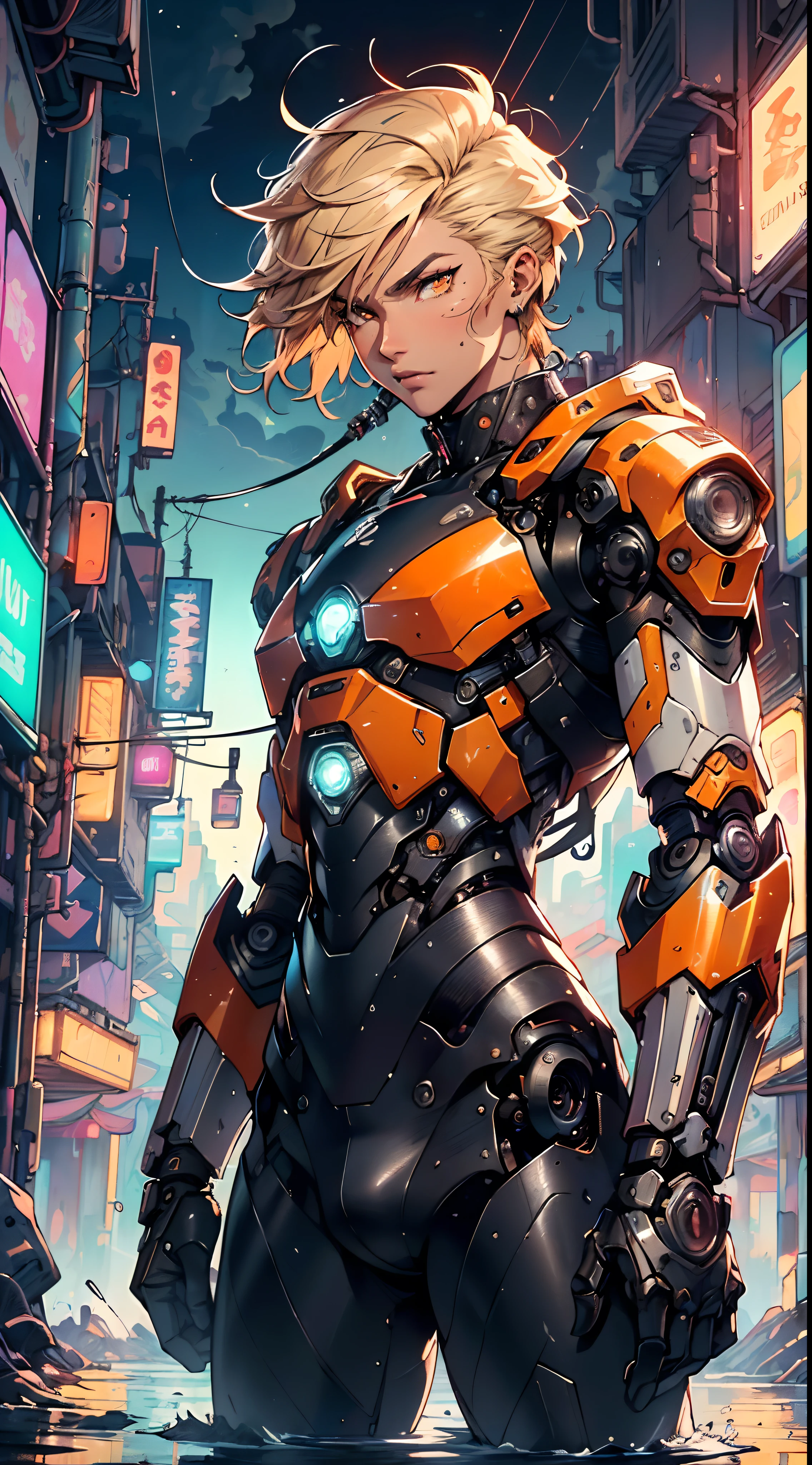 (man:1.5),1 man,archer man,(((1man))),((man with blonde short hair)),
(((1male,man:1.5,handsome man,male,male gender:1.5,male focus))),macho man,hero,
((messy hair,blonde short haircut,detailed blonde hair,highly detailed hair,blonde hair,colored inner hair)),(((lustrous skin:1.5,tanned skin,bright skin: 1.5,skin tanned,shiny skin,very shiny skin,shiny body,illuminated skin))),(((orange_eyes:1.2))),intricate eyes,beautiful detailed eyes,symmetrical eyes,((man chest)),handsome face,((muscular)),male jaw,(((detailed face))),
manly,nsfw,
cyberpunk firefighter, ((mechanical arms:1.5, bionic arms:1.5)), futuristic firefighter uniform,((bulge in pants)),((uniform in black and orange colors)),((wet clothes,intricate outfit,intricate clothes,intricate uniform)),
(dynamic pose:1.0),solo focus,((heroic attitude)),(centered,scale to fit dimensions,Rule of thirds),
cyberpunk city by the ocean at night, with bright neon signs and dark stormy clouds and puddles, scenery:1.25,starry night, cosmos,
highres, sharp focus, (ultra detailed, extremely detailed), (photorealistic artwork:1.37),(extremely detailed CG unity 8k wallpaper),((synthwave background theme)),(((vibrant colors))),(intricate background),(masterpiece),(best quality),