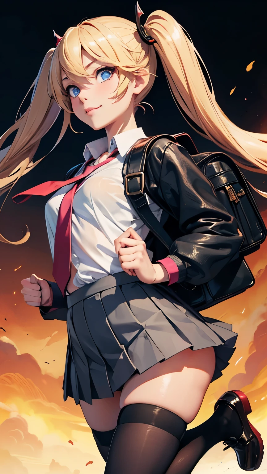 akizuki airi. oni chichi, masterpiece, highest quality, Very detailed, figure, Flat Color, Depth of written boundary, , , 1 girl, young, anime, Returning Home, full length, blonde, Twin tails, Looking at the audience, red pleated mini skirt, Wet white button-down shirt, , serafuku, Blue tie, No bra, black tights, Small backpack, Fine leather texture, Detailed fabric texture, Beautifully detailed face, blue eyes,  A light smile, Pink Panties