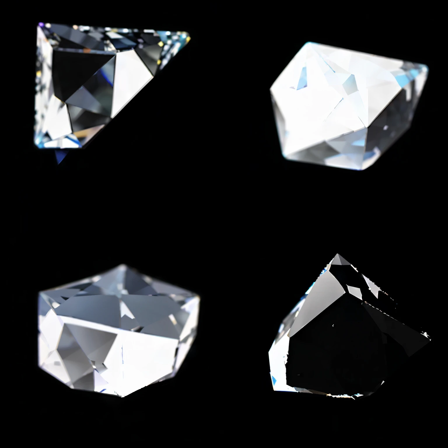Close up of a pile of crystals of different shapes, 多边形Fragments, aspect, cubic crystals, crystal cubism, diamond Prism, 3D ray-traced crystals and gemstones, transparent crystal, Crisp shapes, [ Fragments, Prism, volume shape, crystal Fragments, Floating crystal, angular shape, crystalline edge