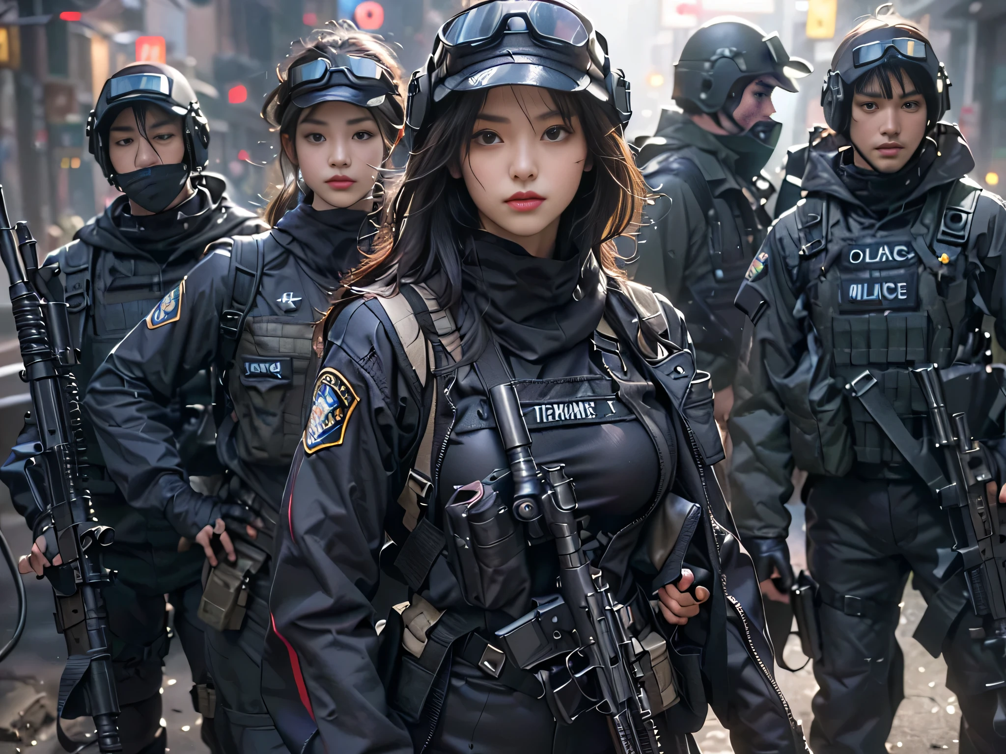 ((Highest image quality, excellent details, Raw photo、Ultra-high resolution), (Realism: 1.4), favor details, Shining beautiful girl, with a delicate and beautiful face, ((Cowboy Shot)), (cool expression、Nervousness、adrenaline、Super cool woman), (Black Racing Suit、Special Forces、Ranger Squad Members、I like police uniforms, Black and gray mechs, Wearing a military harness, holding a machine gun), (A large number of equipment、magazine、Night vision goggles、holster、)、((Secret bases of underground terrorists、Combat stance、gun fight))