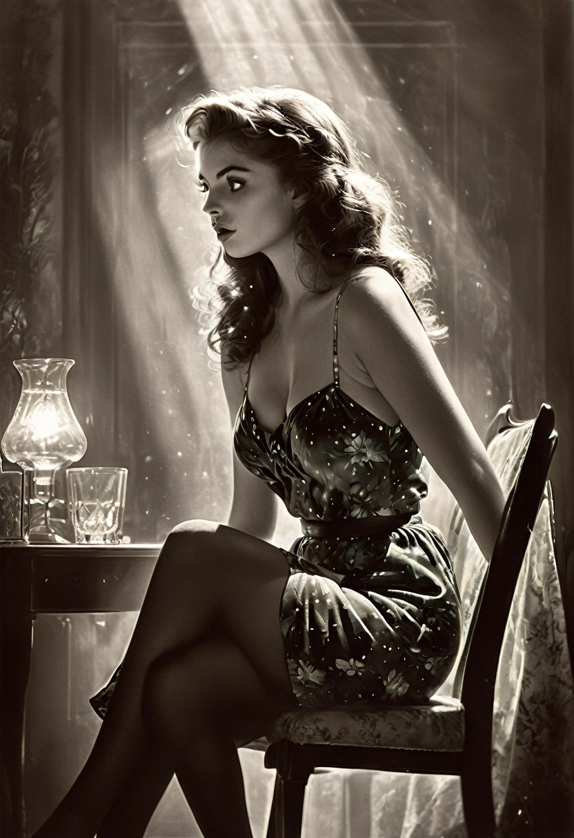 20 years old girl  bombshell lookalike, sitting on the chair, vintage,  retro pin up style,seductive face impression, surprised, up skirt, flowing skirt,  colorful , masterpieces, illustrated,ambr1, large breasts, High-key lighting Style


