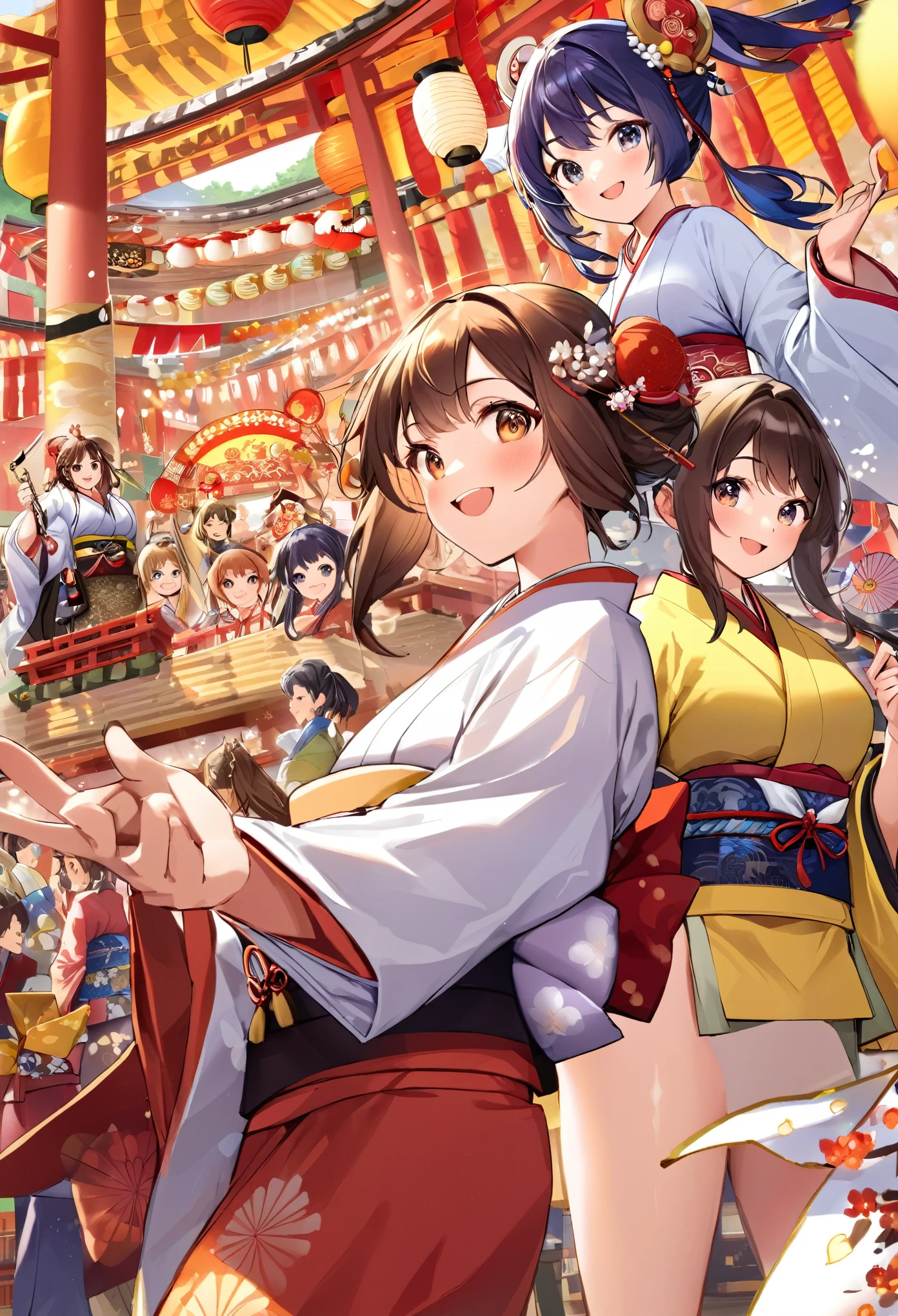 cover page, top quality, best quality, High-quality illustrations, masterpiece, super high resolution, detailed background, 6+girls, japanese festival, absurdres, perfect anatomy(kemono)(furry anthro)happy, 