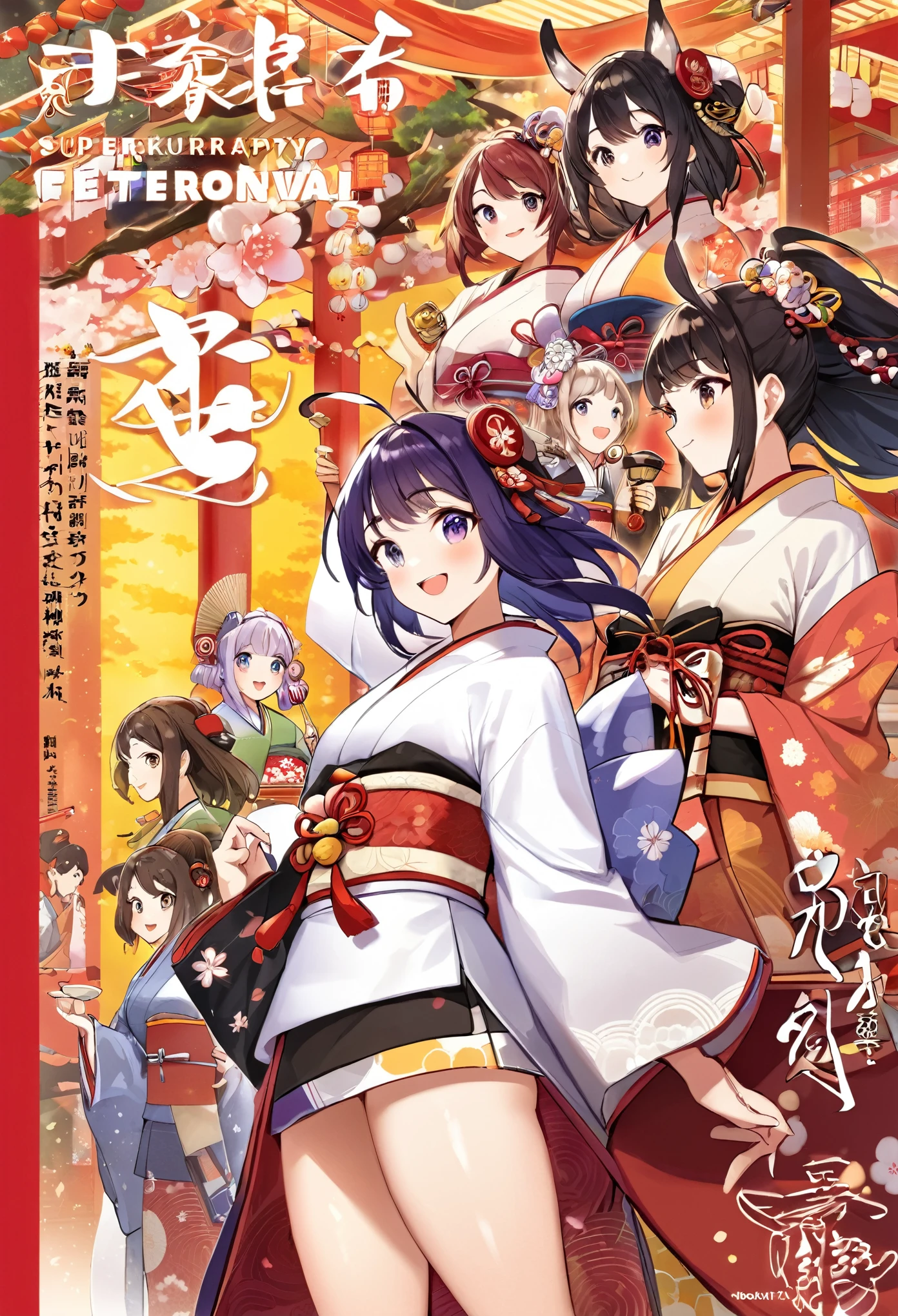 cover page, top quality, best quality, High-quality illustrations, masterpiece, super high resolution, detailed background, 6+girls, japanese festival, absurdres, perfect anatomy(kemono)(furry anthro)happy, 