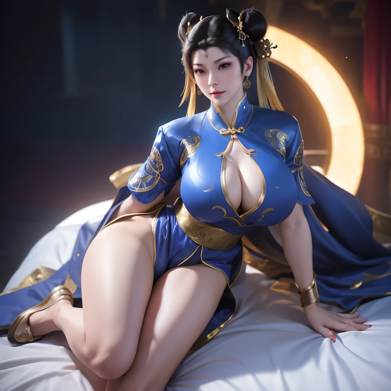 " ((Chun-Li/Chunli)), 1woman, 35 Years Old, MILF, Lesbian Scene, Garter bra, Garter Pantyhose, big breast, full body, Curvy body, Passionate Touching and squeezing breast "