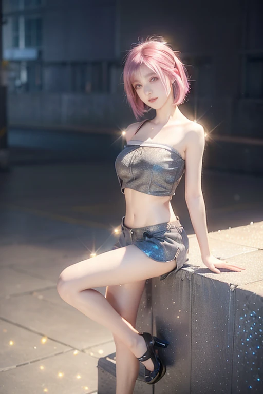 An innocent , (shoulder strapless Crop tube top:1.6), (glitter shorts:1.5), (high heels), (Dramatic Pose),smile, (Bob Cut,pink hair:1.2),downtown、RAW Photos, (8k, highest quality, masterpiece:1.2), (Intricate details:1.4)、(Photorealistic:1.4), Octane Rendering, Complex 3D rendering with ultra-detail, Studio Soft Light, Rim Light, Vivid details, Super Detail, Realistic skin texture, Detailed aspect, Beautiful details in the eyes, Highly detailed CG Unity 16k wallpaper, compensate, (Detailed Background:1.2), Glowing Skin, whole body, (thin legs:1.2), (small waist), (Cleavage), (looki