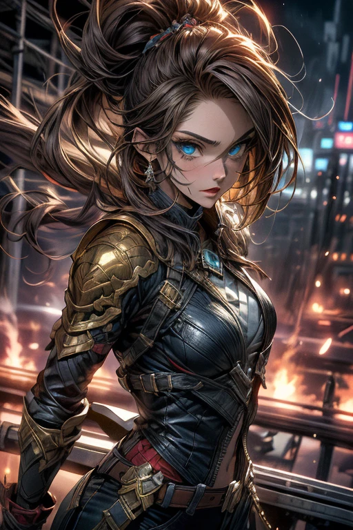 ((best quality)), ((masterpiece)), (detailed), perfect face, Ilia, mage warrior of light, fierce, fighting, action, three point landing, explosions, destroyed city, wallpaper quality, masterpiece, vivid eyes, focused