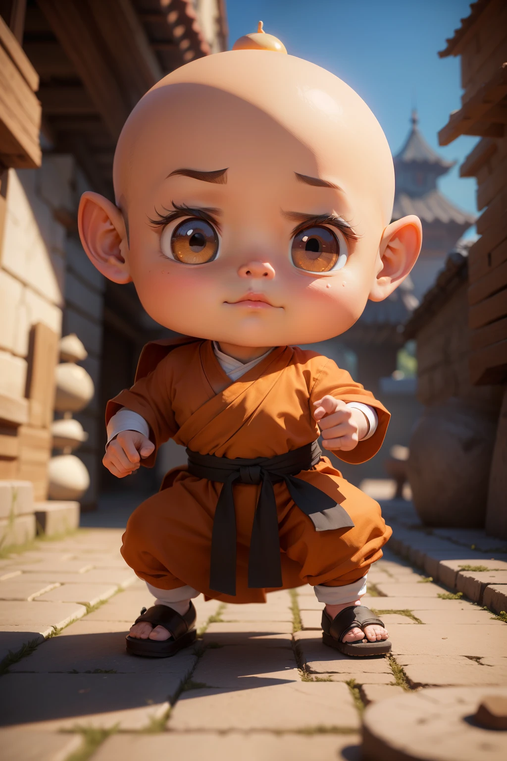 Cute chibi baby boy anime, dark brown skinned, grey ninja clothes, wear sandals, freckle face, moon, bald head