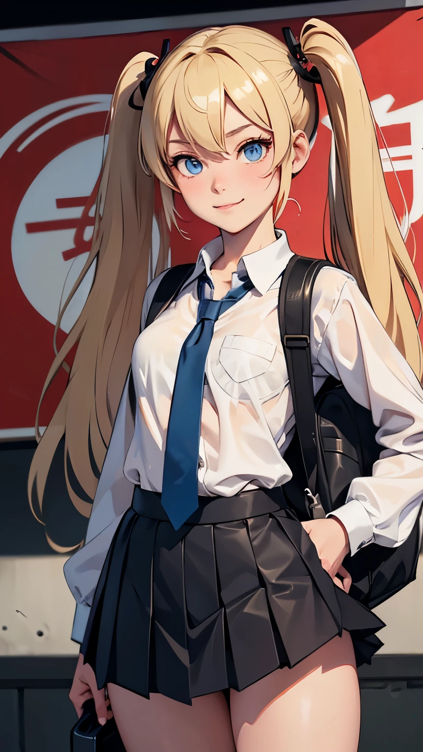 akizuki airi. oni chichi, masterpiece, highest quality, Very detailed, figure, Flat Color, Depth of written boundary, , , 1 girl, young, anime, Returning Home, full length, blonde, Twin tails, Looking at the audience, red pleated mini skirt, Wet white button-down shirt, , serafuku, Blue tie, No bra, black tights, Small backpack, Fine leather texture, Detailed fabric texture, Beautifully detailed face, blue eyes, A light smile, Pink Panties
