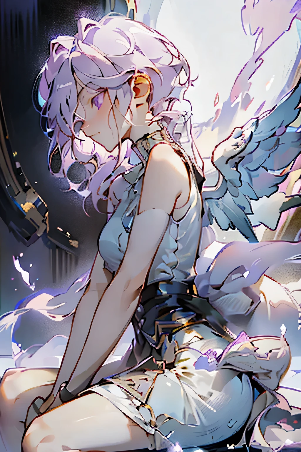 1 girl, Long purple-white gradient hair, With angel wings, Double tail, Purple Eyes, Medium breasts, skirt, Sleeveless, clavicle, Shut up, indifferent, side view, Extend your right hand, 1 boy, Black short hair, With black-framed eyes, Sitting on the ground, despair, Extend your right hand, side view, detailed, High resolution, HDR, Soft Light, best quality, masterpiece