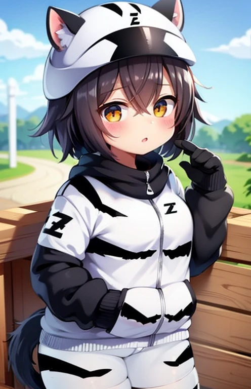 Cute mascot character,female,2:2,Zebra anthropomorphism,White construction helmet,Black limbs,Z-shaped black pattern