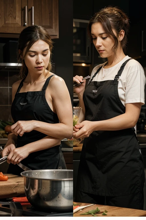 Split image: one side with someone holding a knife awkwardly chopping vegetables, the other with someone using a spoon to stir a pot with frustration (shows lack of adaptability)