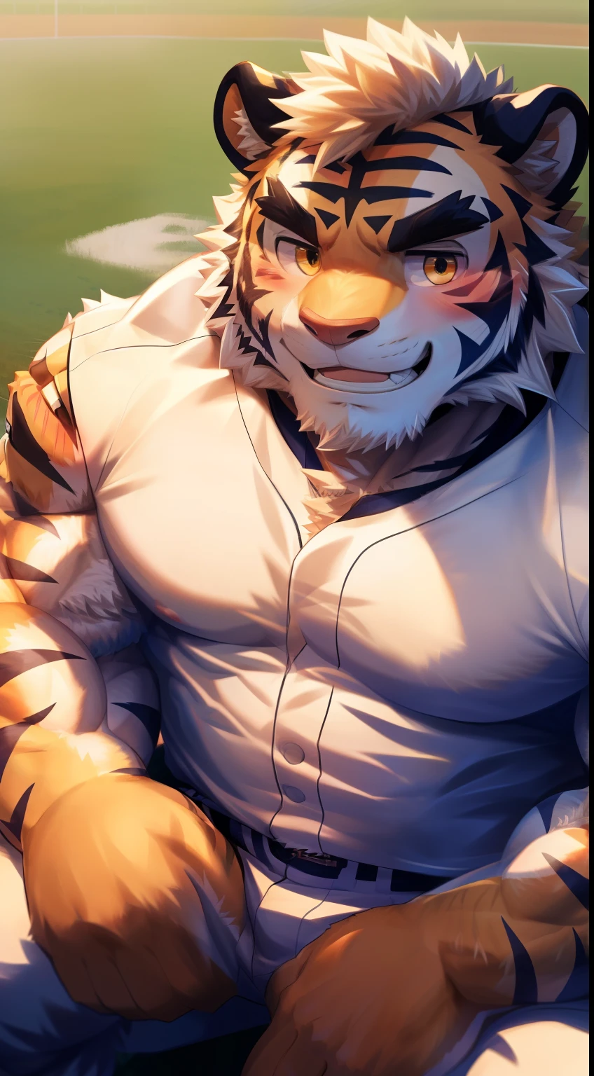 tmasterpiece，the night，Anthropomorphic tiger，male people，26 year old，Thick eyebrows，Yellow fur，Strong body，large pecs，bare full body，Pink milk clusters，White six-foot trousers，medium bulge，Soak in an open-air hot spring，vapour，sweat leggs，Mysterious Expression，looking toward the viewer，Golden pupils，Strong，A huge full moon in the sky，Auspicious clouds，Solo，frontage，Full body photo