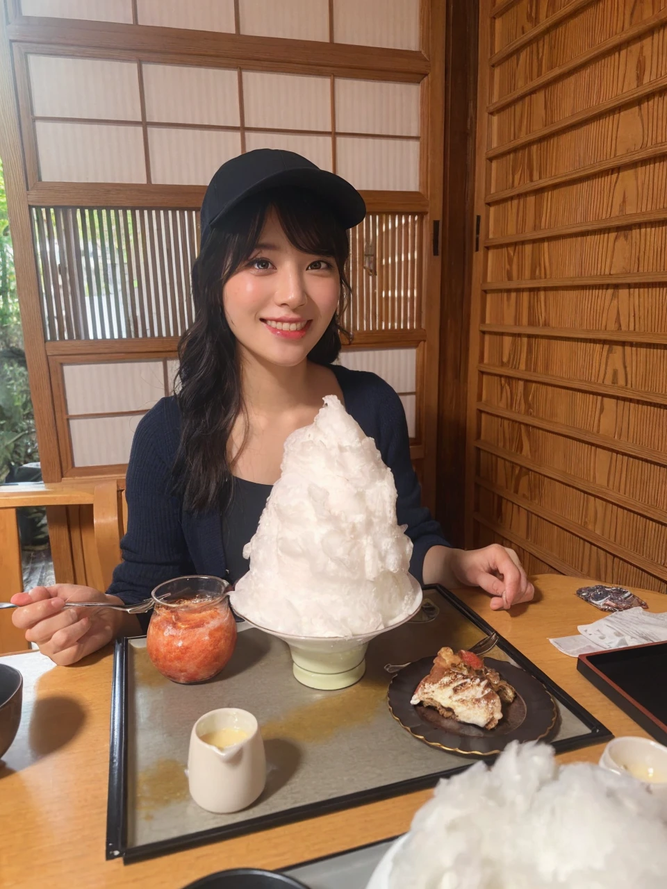 masutepiece, Best Quality, Illustration, Ultra-detailed, finely detail, hight resolution, 8K Wallpaper, Perfect dynamic composition, Beautiful detailed eyes, Fluffy long coat with fur(A black)、Medium Hair, Small breasts, Natural Color Lip, Smile,20 years girl、Midnight、beautifull detailed face、Perfect and beautiful face、Big eyes、KPOP Idol Face,Japan Idol Face、Raw photo、slim face and style、Blur the background
