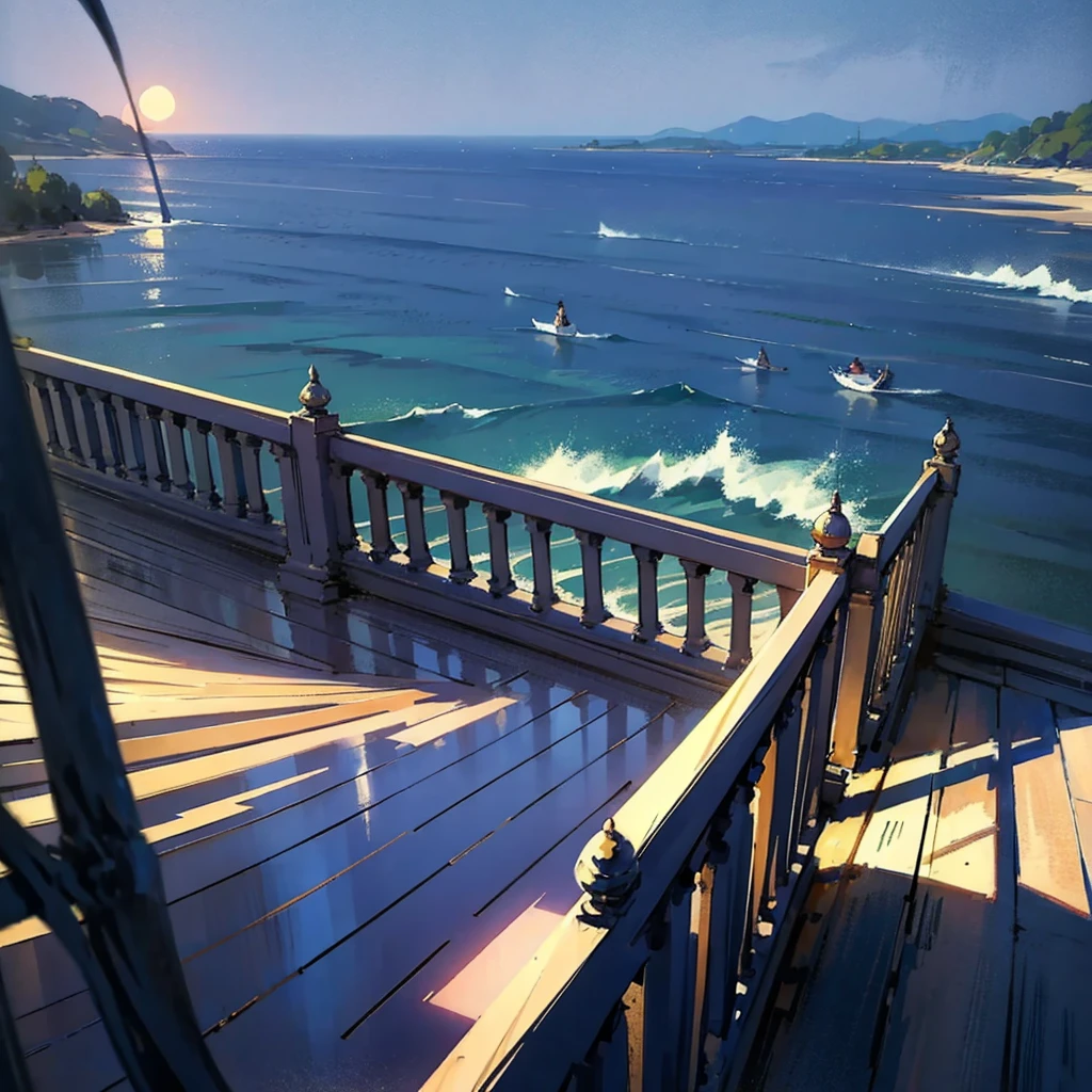2D impressionist landscape illustration: Evening scenery by the sea with a barrier