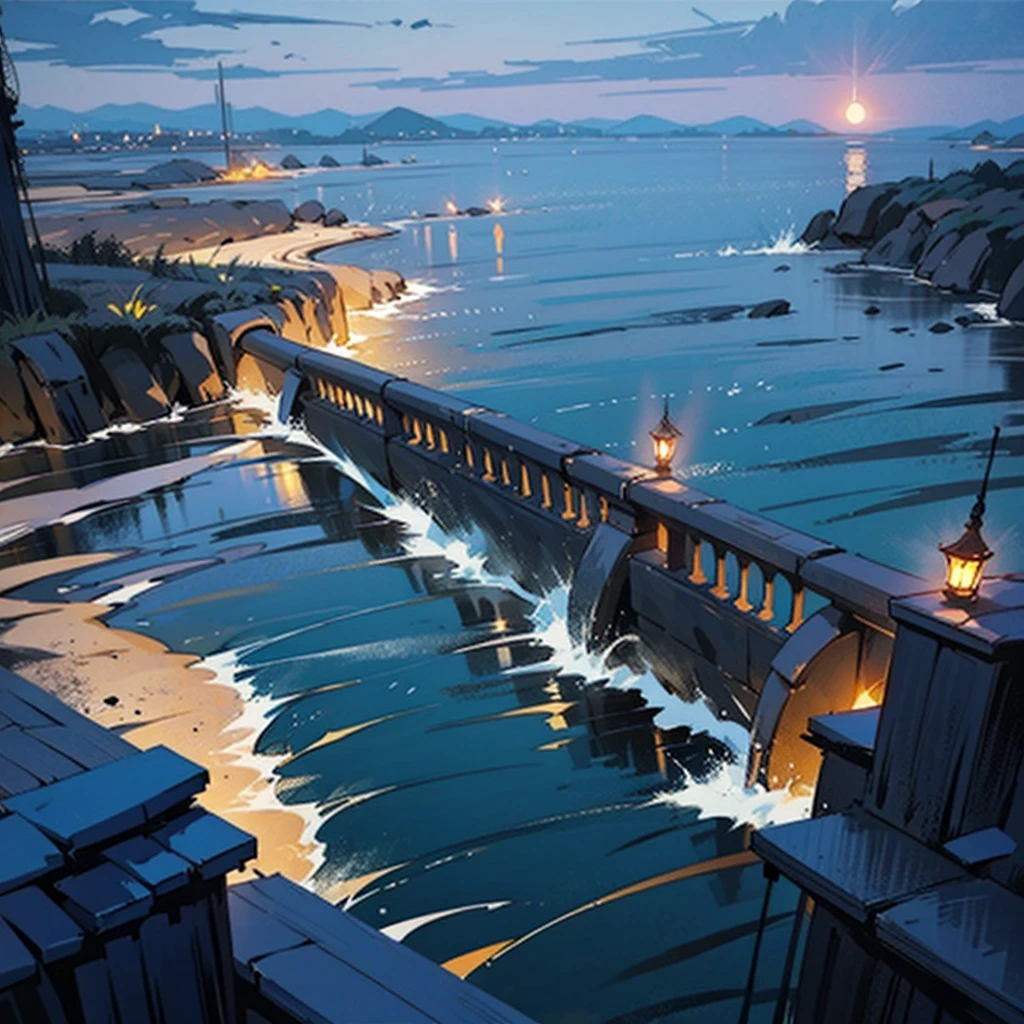 2D impressionist landscape illustration: Evening scenery by the sea with a barrier