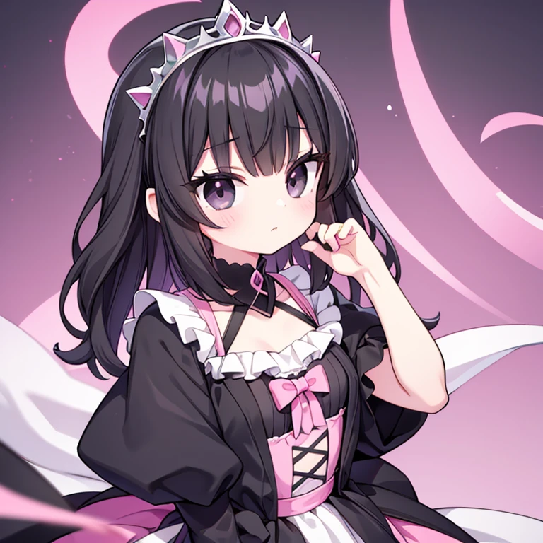a 12 years old princess. Black medium hair, pastel pink royalty dress, Black eyes, Pastel pink tiara, black sunglasses