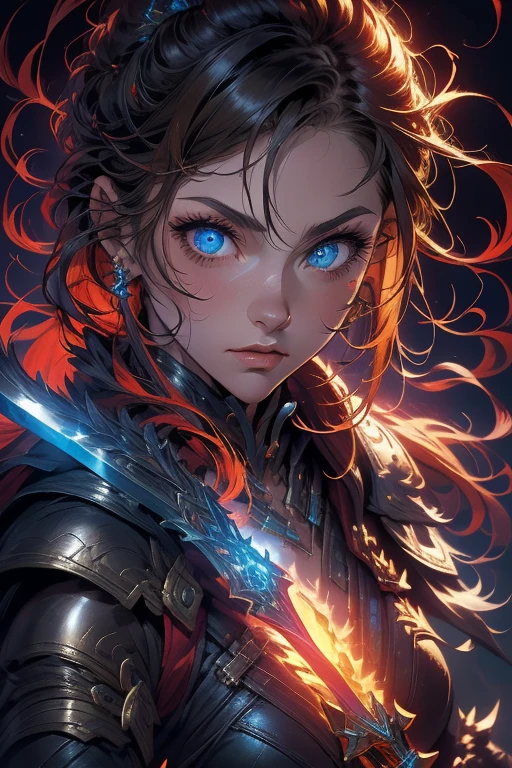 ((best quality)), ((masterpiece)), (detailed), perfect face, Ilia, mage warrior of light, fierce, fighting, action, three point landing, explosions, destroyed city, wallpaper quality, masterpiece, vivid eyes, focused
