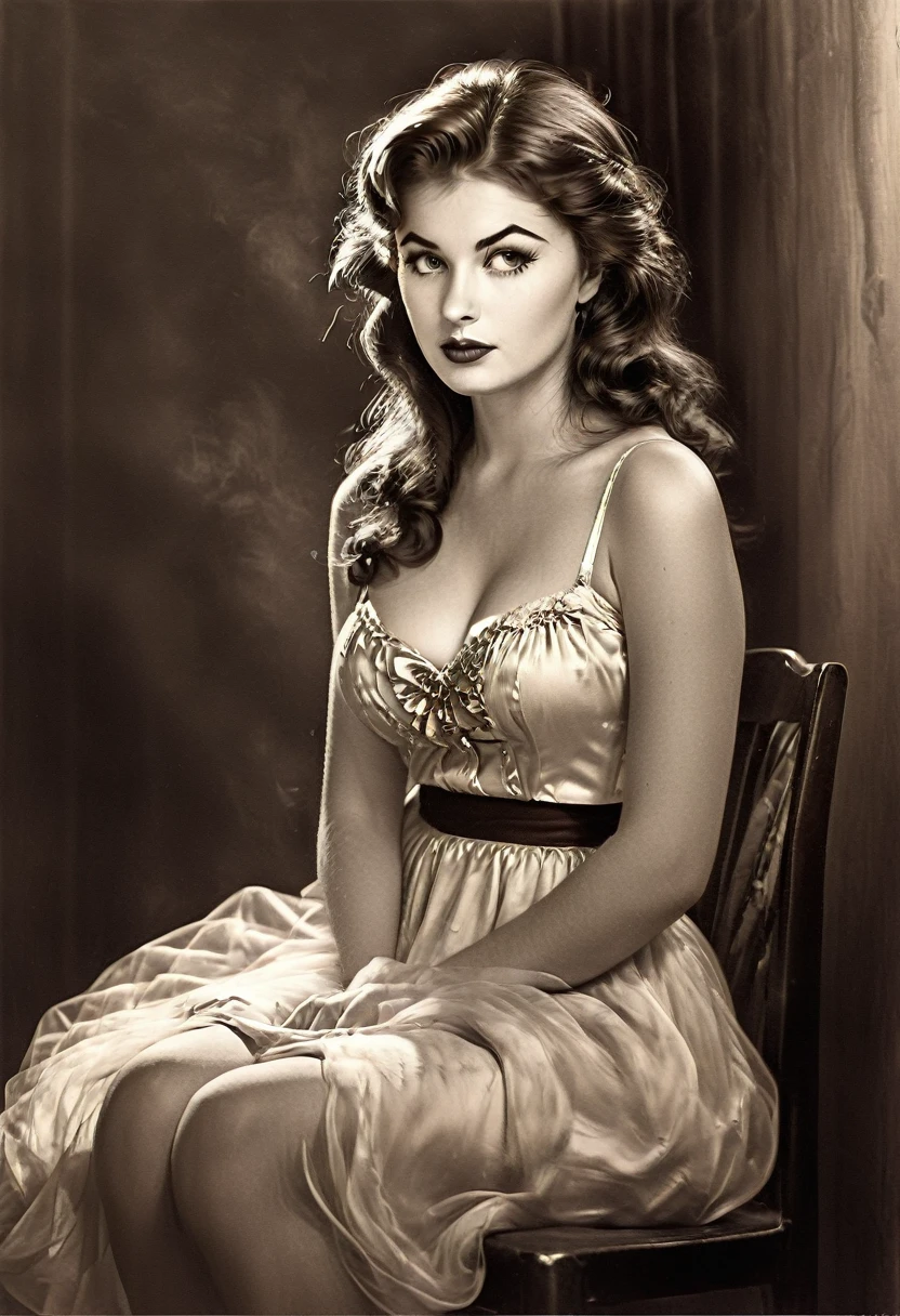20 years old girl  bombshell lookalike, sitting on the chair, vintage,  retro pin up style,seductive face impression, surprised, up skirt, flowing skirt,  colorful , masterpieces, illustrated,ambr1, large breasts, High-key lighting Style


