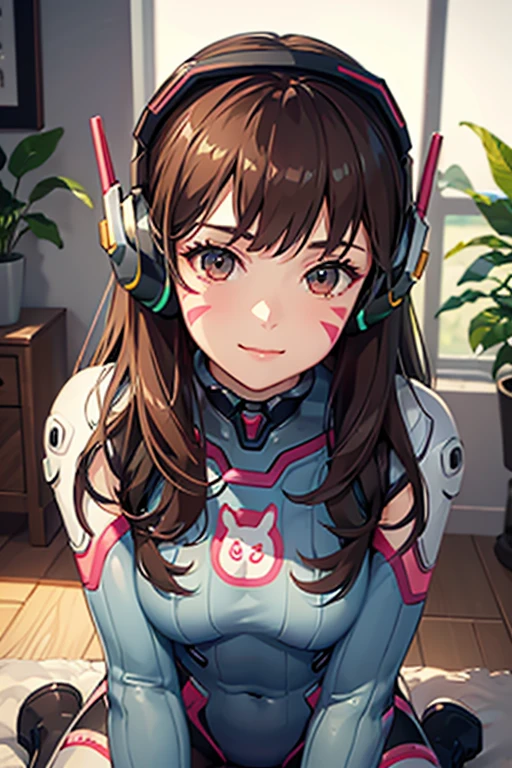 1girl, On all fours pose, aahana, hana, dva, long hair, brown hair, headphones, whisker markings, shoulder pads, blue bodysuit, ribbed bodysuit, animal print, clothes writing, long sleeves, white gloves, ((detailed)), ((best quality)), ((masterpiece)), extremely detailed CG unity 8k wallpaper, 32k, focus sharp, photo of perfecteyes eyes, perfecteyes eyes, Masterpiece, raw, beautiful art, professional artist, 8k, very detailed face, very detailed hair, perfectly drawn body, beautiful face, very detailed eyes, smiling, rosey cheeks, intricate details in eyes, perfect fit body, beautiful body, extremely detailed, intricate details, highly detailed, sharp focus, detailed skin, realistic skin texture, texture, detailed eyes, high resolution, kodak vision color, foto_\(ultra\), post-processing, maximum detail, roughness, real life, ultra realistic, photorealism, photography, absurdres, RAW photo, highest quality, high detail RAW color photo, professional photo, extremely detailed UHD 8k wallpaper unit, best quality, highres, (masterpiece, top quality, high resolution:1.4), photo, cinematic, film grain, sharp, soft natural light, magic photography, super detailed, remove extra arm