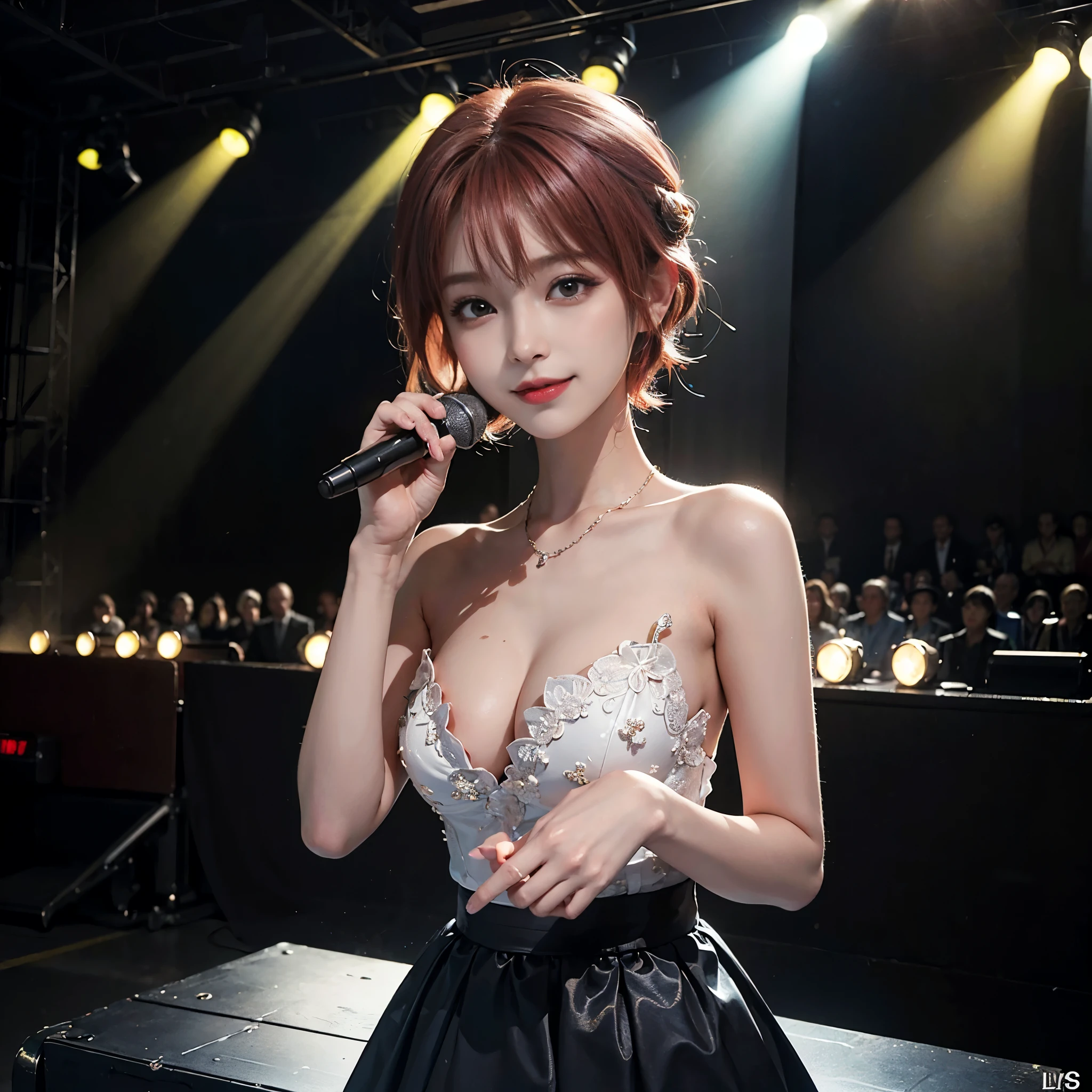 (1 Sexy Woman, Solo, Red Hair, Short Hair, Bungs, Japanese Idol, gorgeous, idol_singing_costume, Skirt:1.4), Idols put on singing costumes, Dancing, Holding a microphone, Singing, Singing, Beautiful Legs, Spot light, (Detailed Eyes, Beautiful Eyes, glossy lip, large breasts, Smile:1.3), (Cowboy Shot:1.2), (Silhouettes of the audience cheering in the audience, stage lighting, stage spotlight, looking at viewer, smile, Performance stage background:1.3), ((anatomically correct)), (Futuristic Portrait), (Close-Up:1.4), tmasterpiece,high qulity,one-girl,Idol singer,Gorgeous and cute clothes,holding microphone in hand,On a stage with twinkling lights,ssmile,Singing,Silhouettes of the audience cheering in the audience,detail-rich,Correct fingers,Movie lighting, Rim Lighting, Cinematic Light, necklace, Look at viewer, no futuro telhado de luz neon, SSCI - FI e Fantasia, intrincado e muito bonito e elegante, altamente detalhado, pintura digital, art-station, arte conceitual, smooth and sharp focus, illustration, Arte de Tan Zi e Ayanamikodon e Alphonse Mucha e Wlop