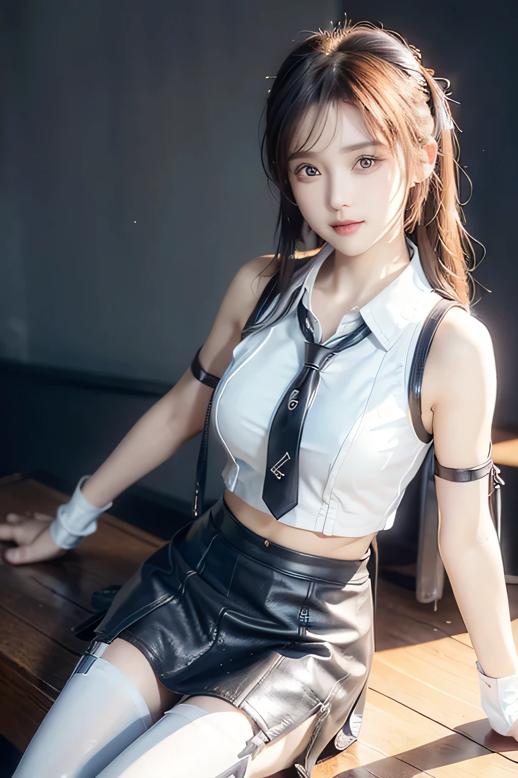 An innocent 20-year-old girl, (white sleeveless collared shirt and tie:1.5), (Leather mini Skirt with Stockings and Garter Set:1.5), (high heels), (Dramatic Pose),smile, (High Twintails),natural Park、RAW Photos, (8k, highest quality, masterpiece:1.2), (Intricate details:1.4)、(Photorealistic:1.4), Octane Rendering, Complex 3D rendering with ultra-detail, Studio Soft Light, Rim Light, Vivid details, Super Detail, Realistic skin texture, Detailed aspect, Beautiful details in the eyes, Highly detailed CG Unity 16k wallpaper, compensate, (Detailed Background:1.2), Glowing Skin, whole body, ((thin legs)), small waist, Cleavage, (looking at viewer:1.2)