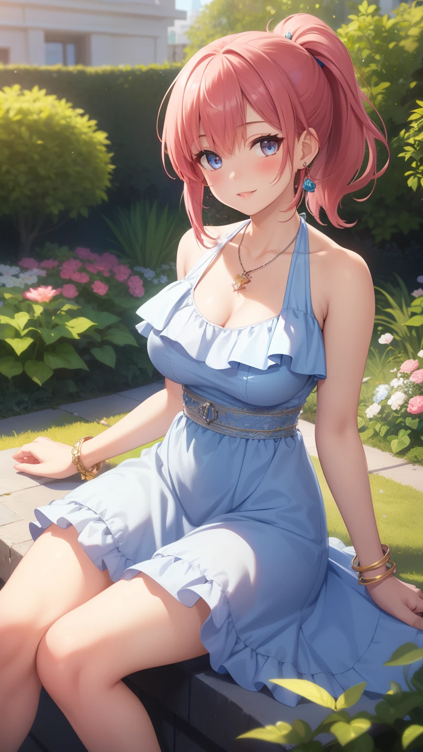 1girl, natural lighting, masterpiece, highly detailed, illustration, game CG, absurdres, high quality, aichan, large breasts, beautiful detailed eyes, medium bright pink hair, ponytail, bangs, glossy lips, light smile, blush, garden, halter top minidress, bracelets, necklace, jewelry, layered dress, ruffled dress
