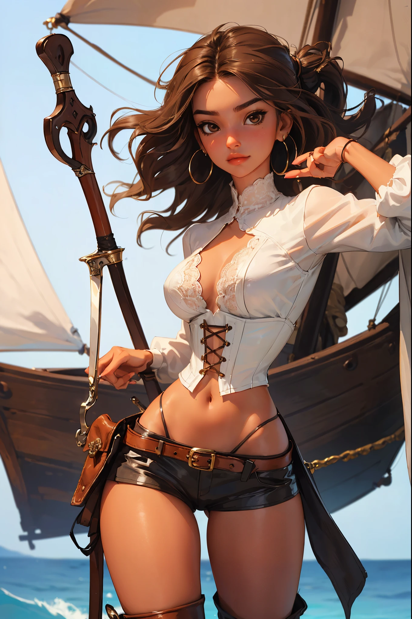 (masterpiece), best quality, expressive eyes, perfect face, (pirate ship background), (standing), (smirk, slutty expression, arroused), (closeup view), (1girl, vanessa alessia, dark skin, tanned skin, brown hair, wavy hairstyle, brown eyes, hourglass figure, thin body, skinny body, petite_body, medium breasts, thick thighs, long fingernails,, white front lace blouse, long sleeve, loose fit, brown leather corset, brown leather shorts, brown boots, sheathed cutlass sword, flintlock pistol in holster, hoop earrings, miscellaneous jewelry), porn star, (girl removing her clothing)