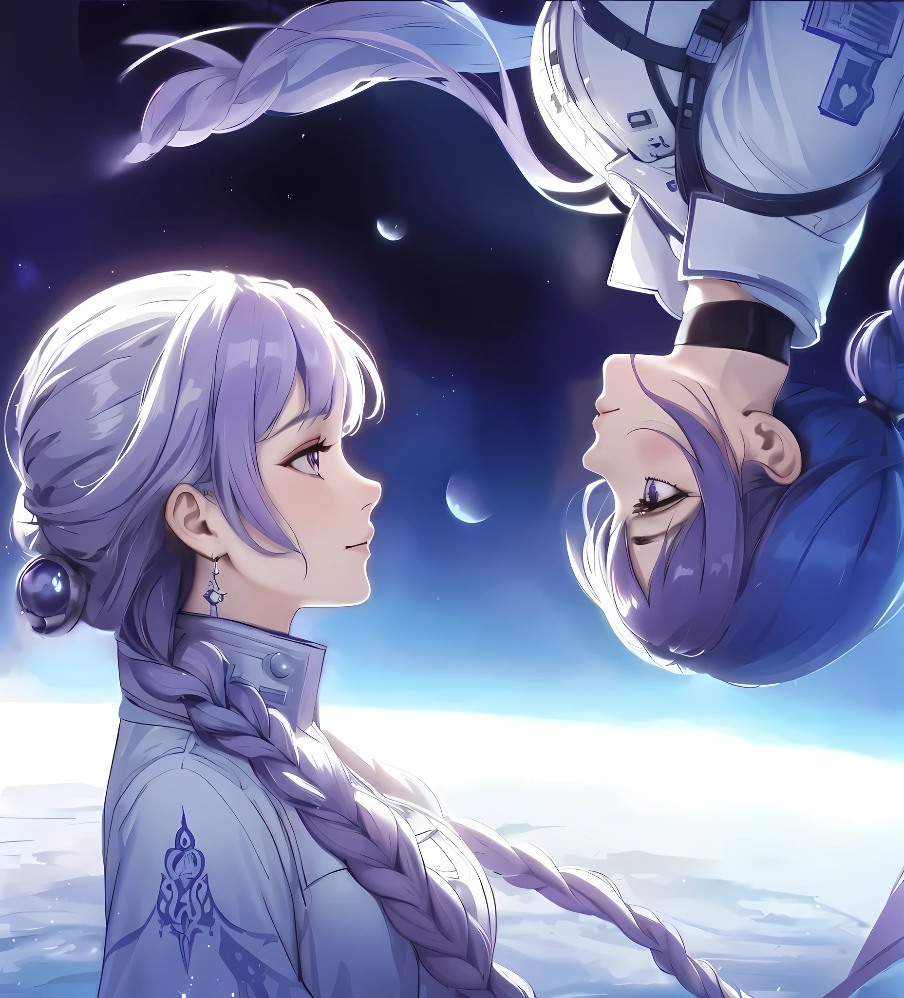 2ladies, profile (from side), (gazing each other), (floating in state of zero gravity), (futuristic costume) stylish, mature female, (masterpiece best quality:1.2) delicate illustration ultra-detailed, large breasts BREAK 1lady, (light purple long hair), (gradient hair) silver, twin braid, (light smile:0.8), (purple eyes) BREAK 1lady, (dark blue long hair), (light smile:0.8), (floating upside down) BREAK (outer space) outdoors, earth, dimly lit, soft sunlight, shade, science fiction, detailed background