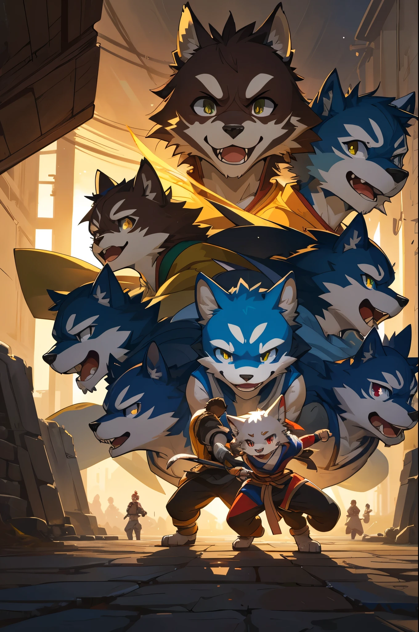 dynamic angle, top quality, best quality, High-quality illustrations, masterpiece, super high resolution, detailed background, detailed background, kung fu film, action, group shot:0.1, 6+boys, 6+girls, absurdres(highly detailed beautiful face and eyes)perfect anatomy, expression, good lighting, cinematic shadow(kemono, furry anthro),