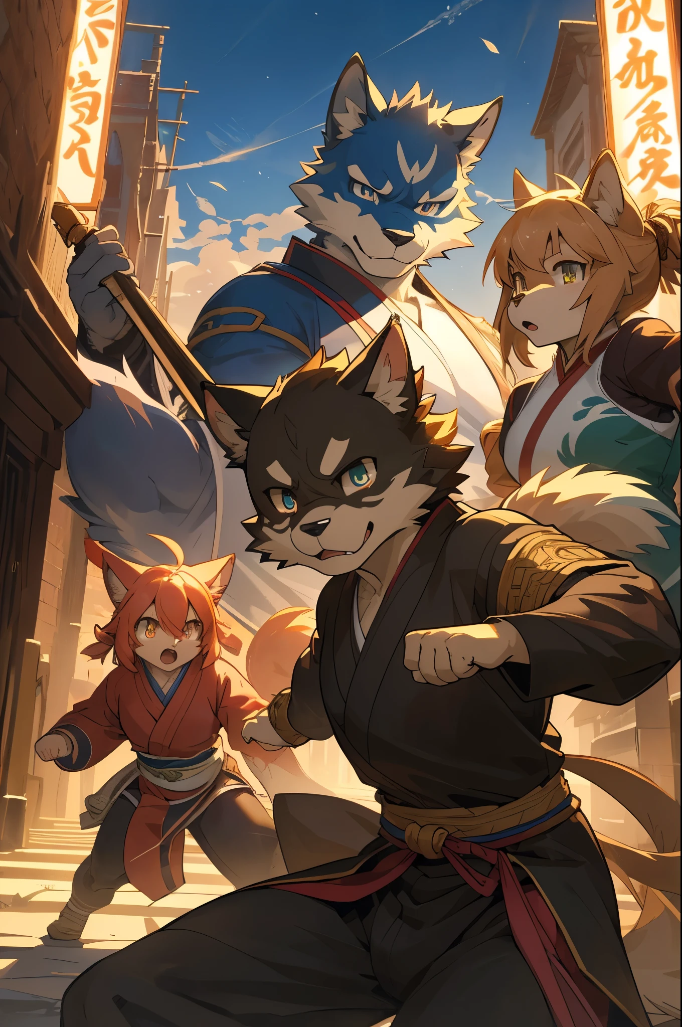 dynamic angle, top quality, best quality, High-quality illustrations, masterpiece, super high resolution, detailed background, detailed background, kung fu film, action, group shot:0.1, 6+boys, 6+girls, absurdres(highly detailed beautiful face and eyes)perfect anatomy, expression, good lighting, cinematic shadow(kemono, furry anthro),
