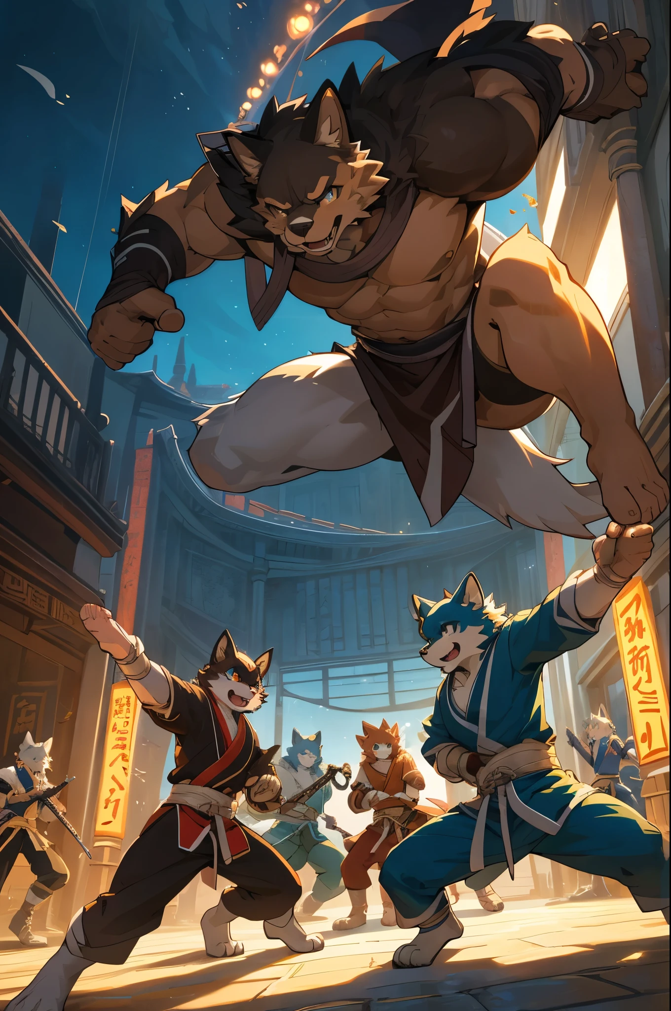 dynamic angle, top quality, best quality, High-quality illustrations, masterpiece, super high resolution, detailed background, detailed background, kung fu film, action, group shot:0.1, 6+boys, 6+girls, absurdres(highly detailed beautiful face and eyes)perfect anatomy, expression, good lighting, cinematic shadow(kemono, furry anthro),