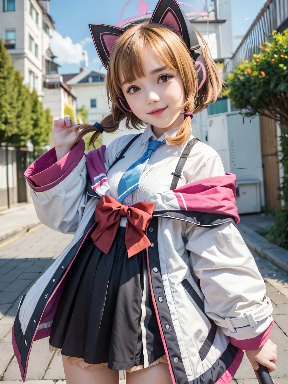 Masterpiece, hd , realistic, cosplaye, Asian girl, 20 y.o,, best quality, momoi (blue archive), brown hair, cat headphone, wear jacket, standing, outdoor, smile