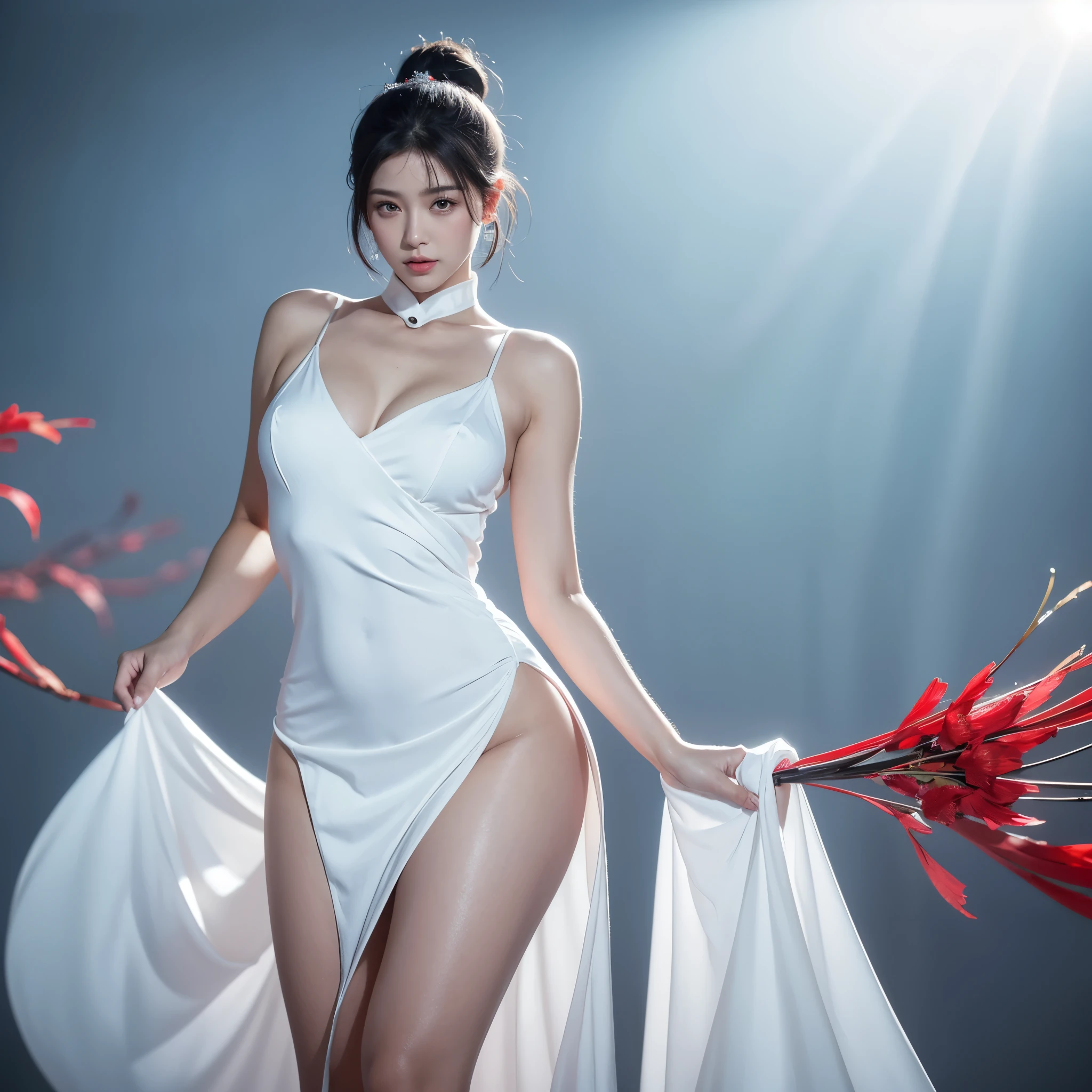 4k, high quality, Nice lighting, soft light, Practical, Black short hair, Red Eyes, Sexy, Large Breasts, Thick thighs, Wide hips, Girl in white Chinese dress with black edges, Leg slits, muscular, tone, floating long dress, Gorgeous, Jewelry, Hair Bun, Hair accessories