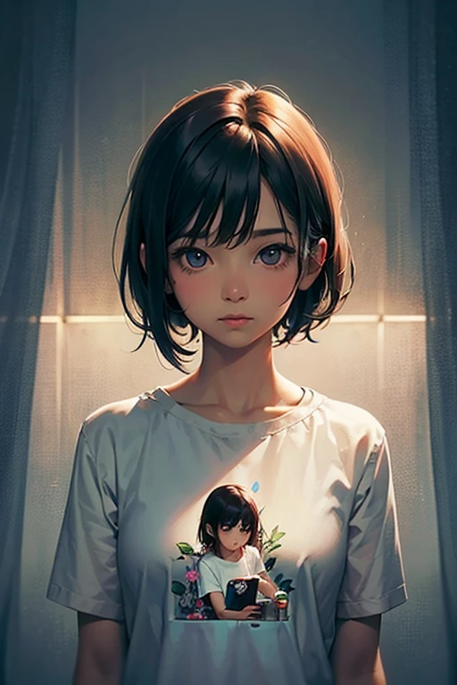Hair cut short、Dark skinned tomboy girl, illustrated by aoiro studio and masaaki komori, Super detailed, Neon Light, Cinema Lighting, Matte Paint, Painted in oil painting style, Trending on Art Station, modern art, Surreal and dreamy atmosphere.