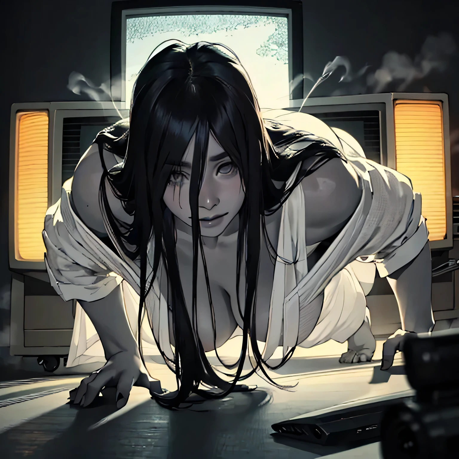 (masterpiece:1.3), (8k, Realistic, RAW Photos, highest quality: 1.4), (1 Japanese adult woman), ((Sadako)), Beautiful Face, (Realistic Face), (Black hair straight, Long Hair:1.5), Beautiful hairstyle, ((The face is hidden by bangs:1.4)), Realistic eyes, ((White of the eyes:1.2)), Beautiful fine details, (Realistic Skin), Beautiful Skin, ((Pale skin:1.4)), Absurd, Charm, Ultra-high resolution, Ultra-realistic, Very detailed, Golden Ratio, (Curse Video), ((Crawling out of a CRT TV)), A dark four-and-a-half-tatami Japanese-style room, (steam:1.1), Cleavage, Big Ass