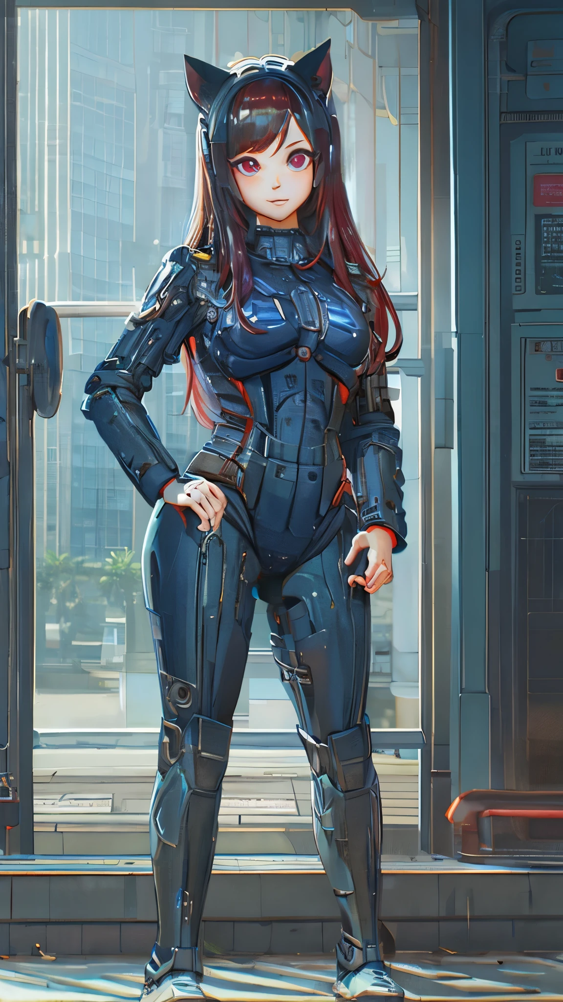 My girlfriend is a military combat robot disguised as a student and lurking on campus to protect me，Full body portrait，No expression, no reaction, eyes dull，expressionless face，Seriously，Vibrant fair complexion，smooth skin，bright red eyes，Dark blue full-cover cat ear headphones，Dark blue swimsuit，sleeveless，Strapless，exposed，Expose，Exposed breasts，Exposing belly，Backless，flat chest，Flat chest，Toned abdominal muscles，Strong abdominal muscles，Bare legs，Showing thighs，Show your calves，Short stature，Luo Li，，Kindergarten，Thin legsefoot，angle of light，No shoes，no socks，thin waist，long fingers