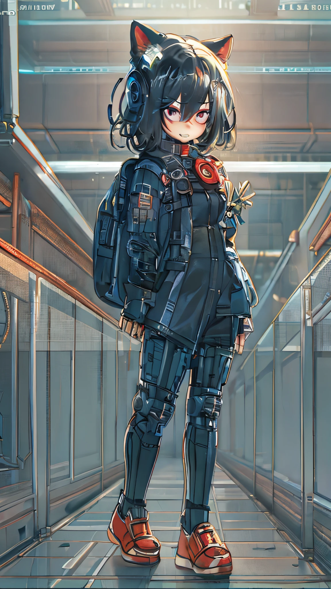 My girlfriend is a military combat robot disguised as a student and lurking on campus to protect me，Full body portrait，No expression, no reaction, eyes dull，expressionless face，Seriously，Vibrant fair complexion，smooth skin，bright red eyes，Dark blue full-cover cat ear headphones，Dark blue swimsuit，sleeveless，Strapless，exposed，Expose，Exposed breasts，Exposing belly，Backless，flat chest，Flat chest，Toned abdominal muscles，Strong abdominal muscles，Bare legs，Showing thighs，Show your calves，Short stature，Luo Li，，Kindergarten，Thin legsefoot，angle of light，No shoes，no socks，thin waist，long fingers