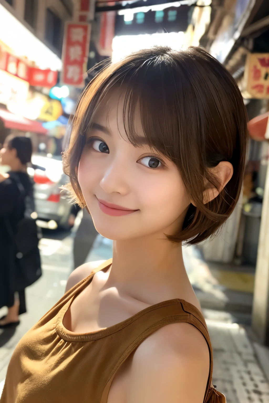 top-quality、ultra-detailliert、​masterpiece、realisitic、Photo Real、one girls、(Cute 17 year old girl、small head)、(kawaii:1.2)、smil、(Brown hair、Short bob hair)、eyes are brown、perfect glossy skin、Double eyelids、with round face、((A slender))、((Perfect body))、accurate depiction、Red cheongsam、Chinatown、Blur the background
