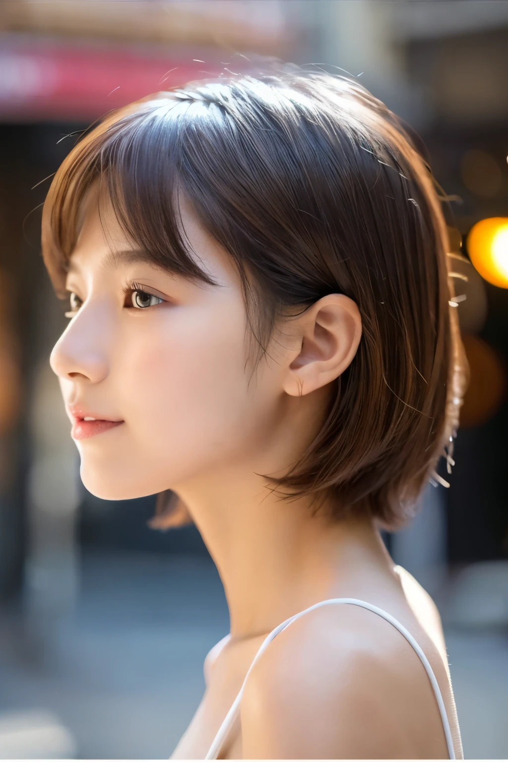 (masterpiece, highest quality, RAW photo, realistic:1.2), 1 girl, look away, sad, beautiful girl, cute, delicate girl, short hair, written boundary depth, High resolution, Super detailed, detailed, 非常にdetailedな目と顔, realistic student, sharp focus, cinematic lighting, Upper body, bangs, silk shirt,