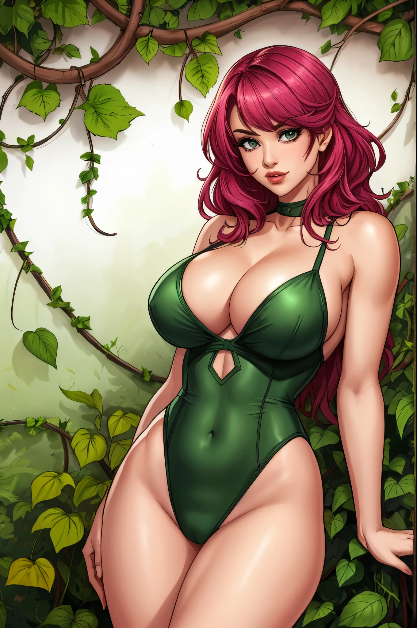 gorgeous tomboy duidess, clothes made of leaves, ivy, poison, vines, brawny,leotard, shorts