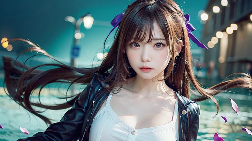(Dynamic Angle:1.3),Extreme close up,the wind is strong,映画ofハイライト,1人of女of子,Upper Body,dancing,View your viewers, violet_Evergarden, alone, jewelry, blank eye,brooch, blonde_hair,( vevry long hair:1.2),floating hairlong_sleeve, ribbon, green_eye, Jacket, dress, gem, hair_ribbon,null, depth_of_Field, a close view of flying petal,