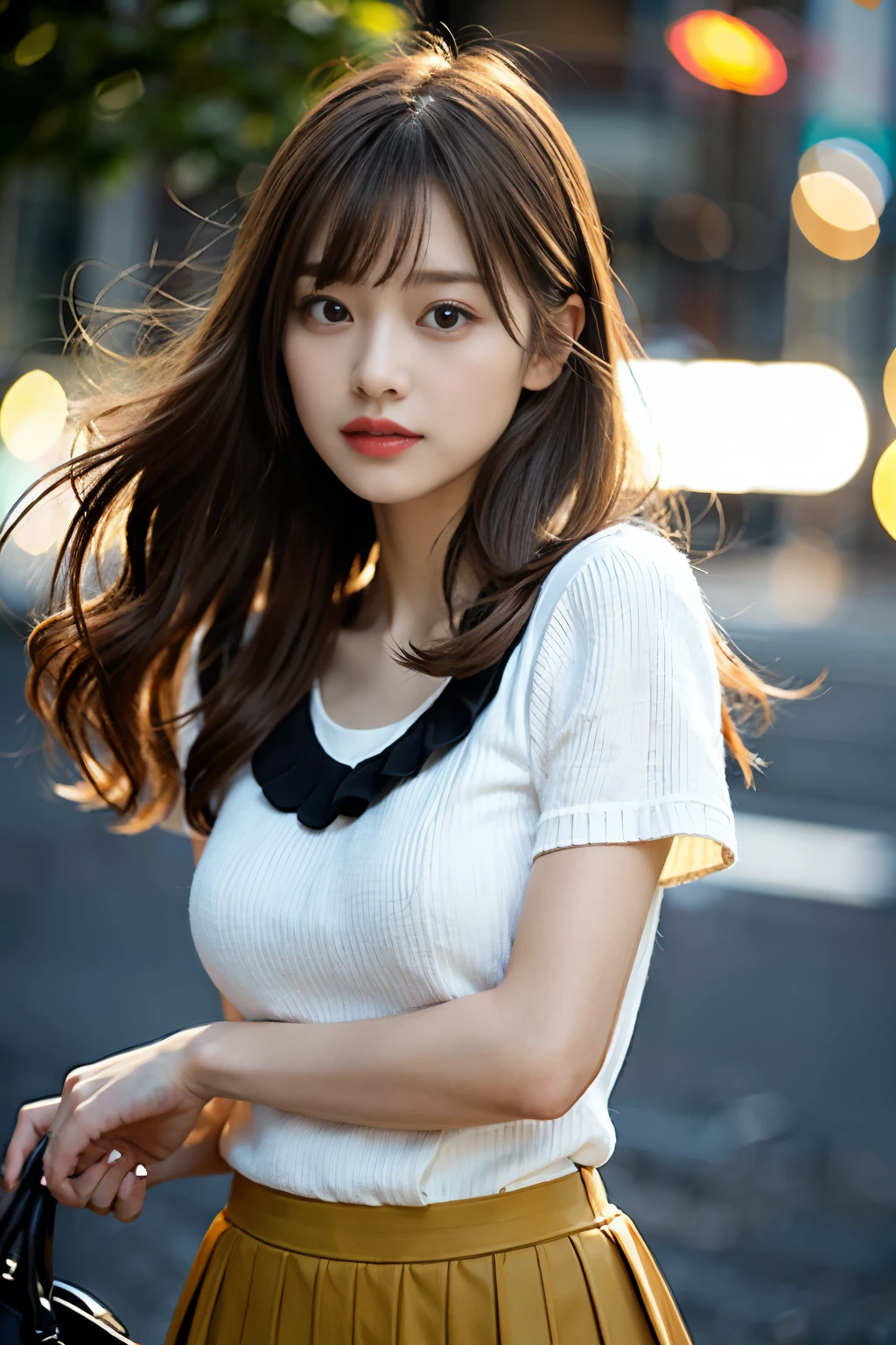 1 cute young girl, Style Girl, Idol, extremely fine and beautiful, medium shot, The most detailed girls, focus on girl, look up to, extra detailed body, Perfect female body, Beautiful detailed girl, 20 years old, long light wavy hair, hair messy, asymmetrical bangs, light brown hair, striated hair, hair blowing in wind, Delicate detail face, gloom expression, Beautiful eyes, Slightly open mouth, Delicate arm and hands, underboob, Bare navel, Light brown eyes, Authentic skin texture, Angle Sailor Dress, Short sleeves, Black gauze skirt, Skirt swaying in the wind, Cold color clothes, Yellow Glass Light Column, Night, extremely delicate and beautiful, Extremely detailed, extremely detailed CG unified 8k wallpaper, cinematiclighting,
