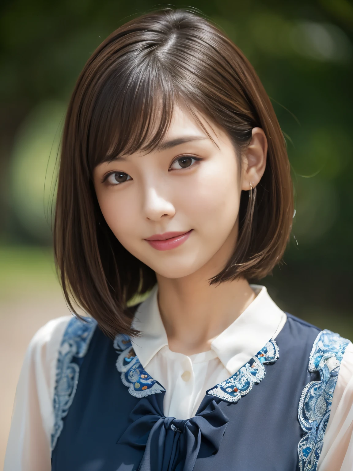 (Raw photography), (Photo realystic), (​masterpiece), (top-quality), hight resolution, 8K resolution, (intricate detail), (volumatic light), portrait, female, 30 years, short-hair, straight haired, Layered hair, brown haired, extremely detailed eye, Sauce order, Highly detailed eyebrows, highly detailed skin, highly detail mouth, highly detailed nose, cute like an idol, Happy smile, ((thick lips)), ((Look at viewers)), (Elegant and transparent dark dark blue colorful blouse), Random body direction,