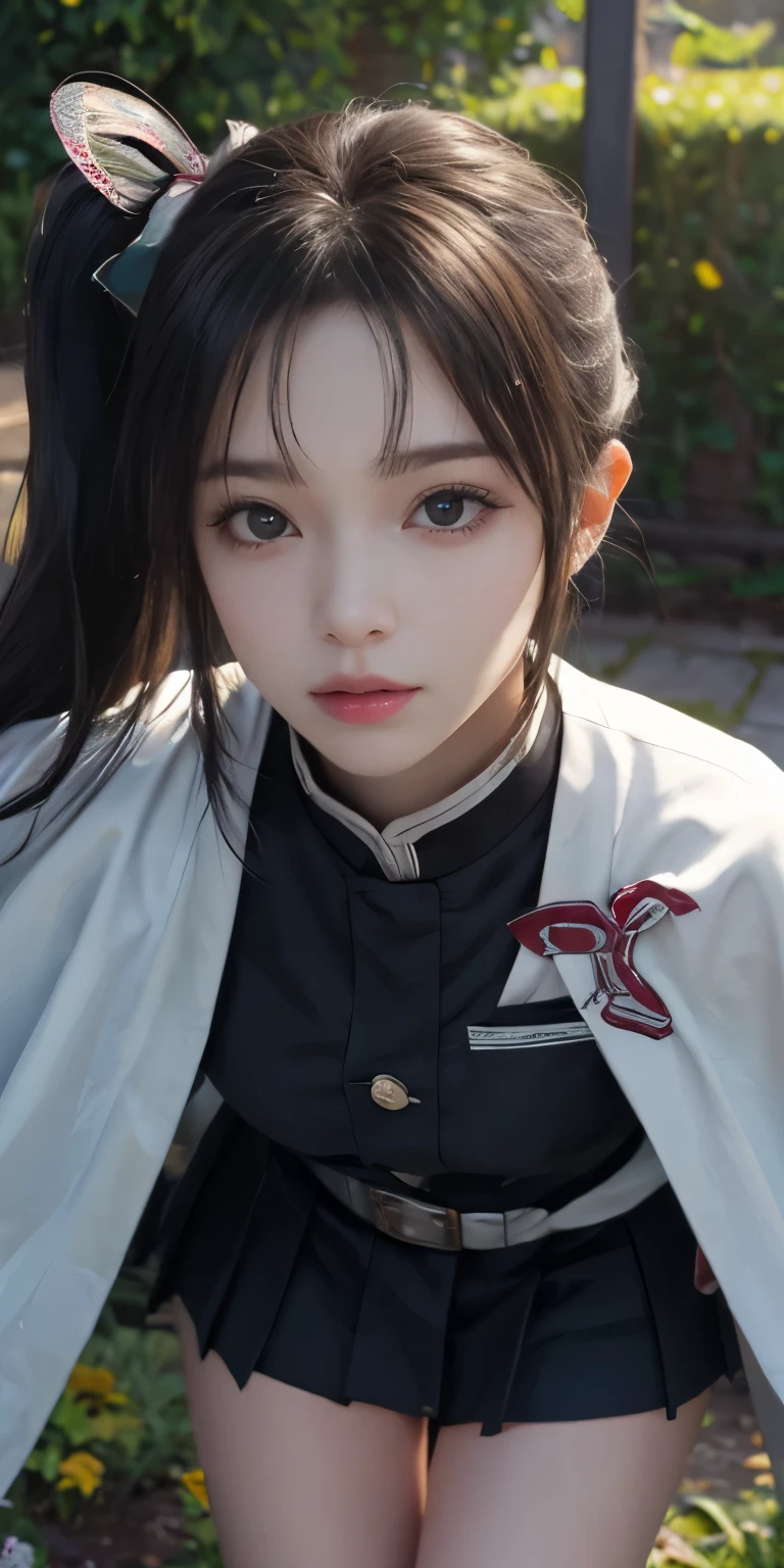 Ultra-realistic 8K CG,masterpiece,((Highly detailed background, Delicate pattern, Intricate details)),最high quality,very detailed 顔,Very detailed eyes and face,非常に細かい目Ultra-realistic 8K CG, masterpiece, close, beauty, from the front, 顔 sticking out, (Highly detailed background, Delicate pattern, Intricate details)), high quality, highly detailed 顔, Highly detailed eyes and 顔, Highly detailed eyes, One girl, kanao tsuyuri, (((Bangs Patsun))),(((Side Ponytail))),(( Demon Slayer uniform:1.4)), Butterfly Hair Ornament,,( white belt), (Cape, white Cape),, (Black jacket), (Pleated skirt), belt, (Black Skirt), knees, buckle, Sword in sheath, belt buckle, (Black Shirt:1.0),  sunlight, Tyndall effect, sword on waist,(garden:1.2),West Saber,Attractive posture, Giant tit， Close-up,A broad perspective,(Straight Bangs：1.4),