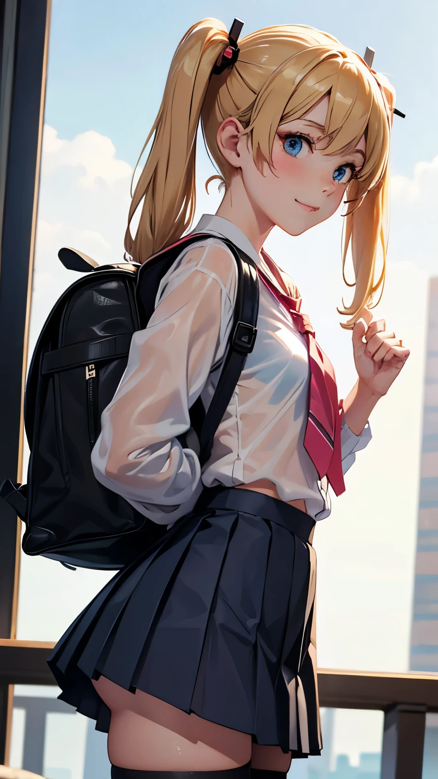 akizuki airi. oni chichi, masterpiece, highest quality, Very detailed, figure, Flat Color, Depth of written boundary, , , 1 girl, young, anime, Returning Home, full length, blonde, Twin tails, Looking at the audience, red pleated mini skirt, Wet white button-down shirt, , serafuku, Blue tie, black tights, See-through underwear,Small backpack, Fine leather texture, Detailed fabric texture, Beautifully detailed face, blue eyes, A light smile, Pink Panties