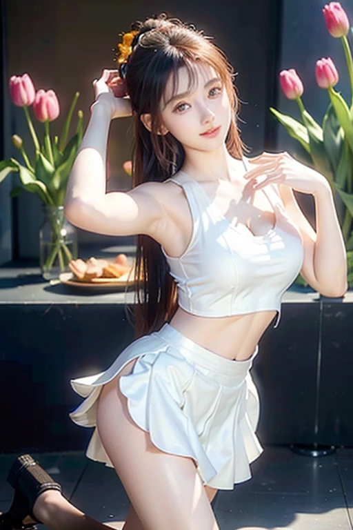 An innocent 20-year-old girl, (white sleeveless Asymmetrical top:1.5), (Tulip skirt:1.5), (high heels), (Dramatic Pose),smile, (High Ponytail),natural Park、RAW Photos, (8k, highest quality, masterpiece:1.2), (Intricate details:1.4)、(Photorealistic:1.4), Octane Rendering, Complex 3D rendering with ultra-detail, Studio Soft Light, Rim Light, Vivid details, Super Detail, Realistic skin texture, Detailed aspect, Beautiful details in the eyes, Highly detailed CG Unity 16k wallpaper, compensate, (Detailed Background:1.2), Glowing Skin, whole body, (thin legs:1.2), (small waist), (Cleavage), (looking at viewer:1.2)