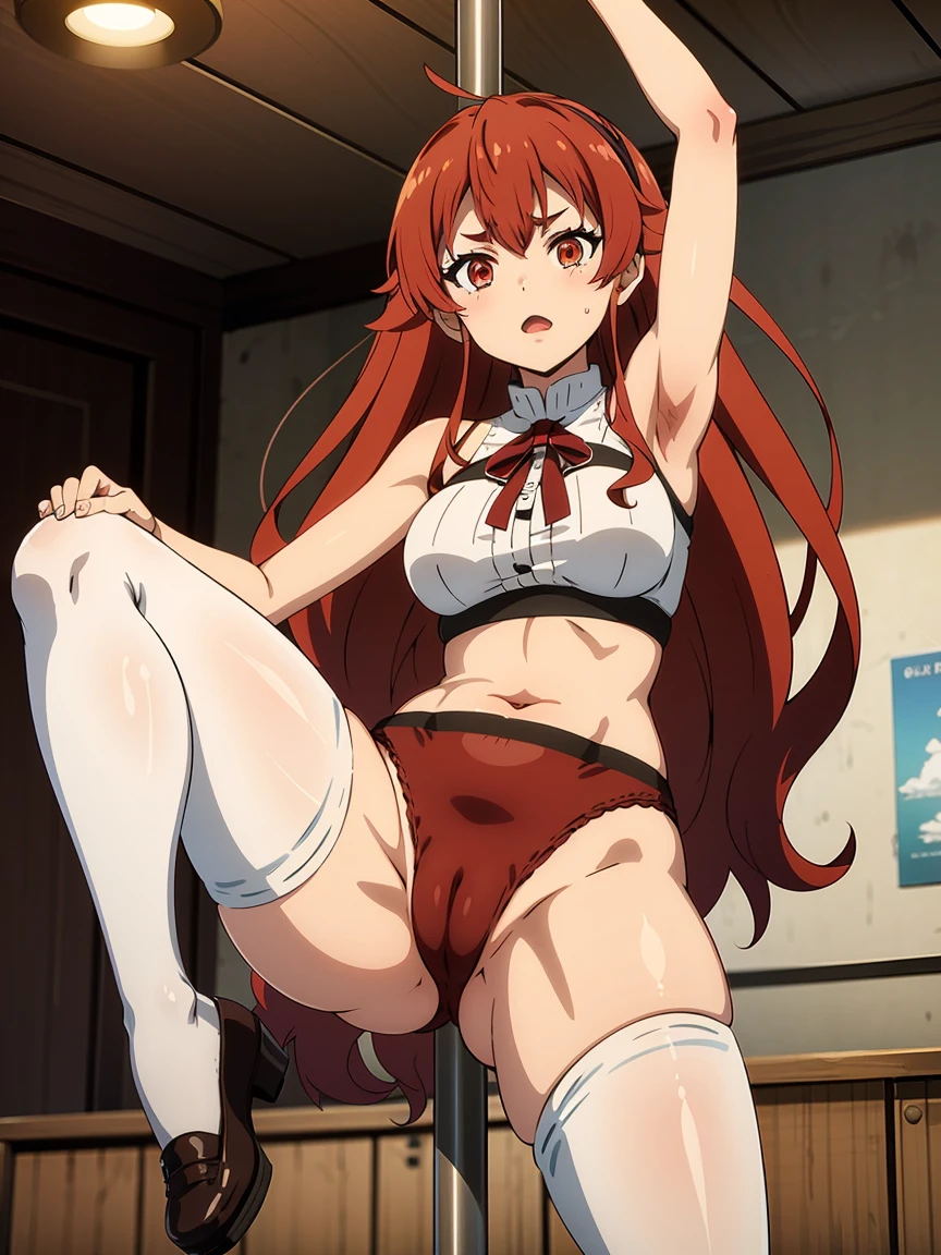 Eris boreas Greyrat, best quality, HD, detailed, detailed, jambes sexy, SFW, Eris Greyrat, string panties, red long hairs, spreading legs, red pubis hairs outside her panties, cameltoe, stocking, pantyhose, stripe club, pole dance, safe for work, sexy dance